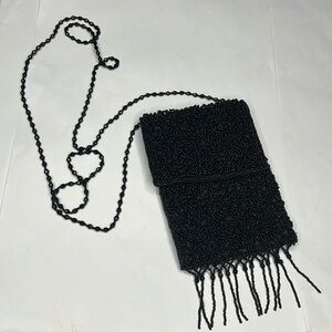 Glass Microbeads Dully Beaded Black Crossbody Bag with Bead Fringe
